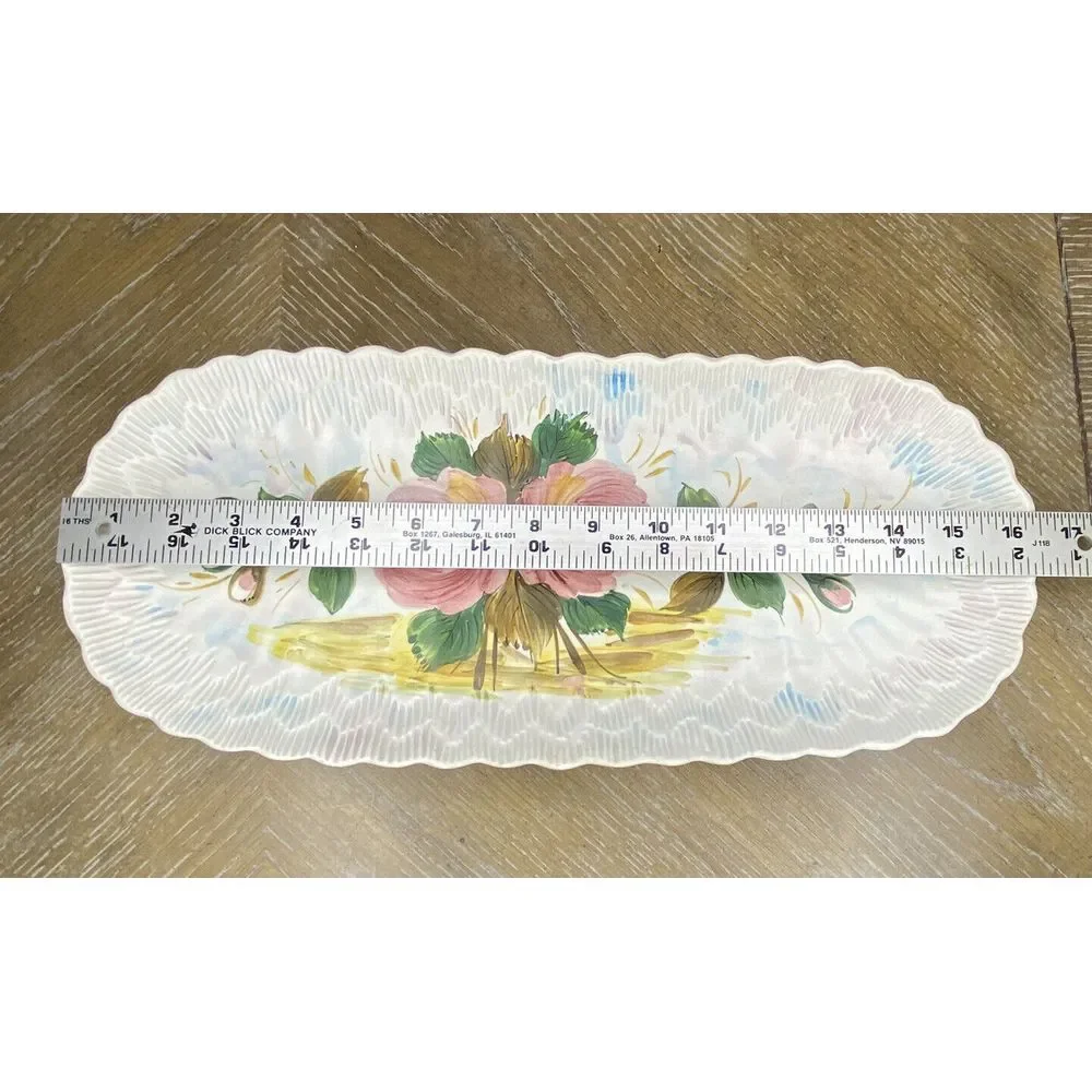 Vintage Italy Rose Painted Tray Ceramic Serving Dish Oblong Textured Cottagecore